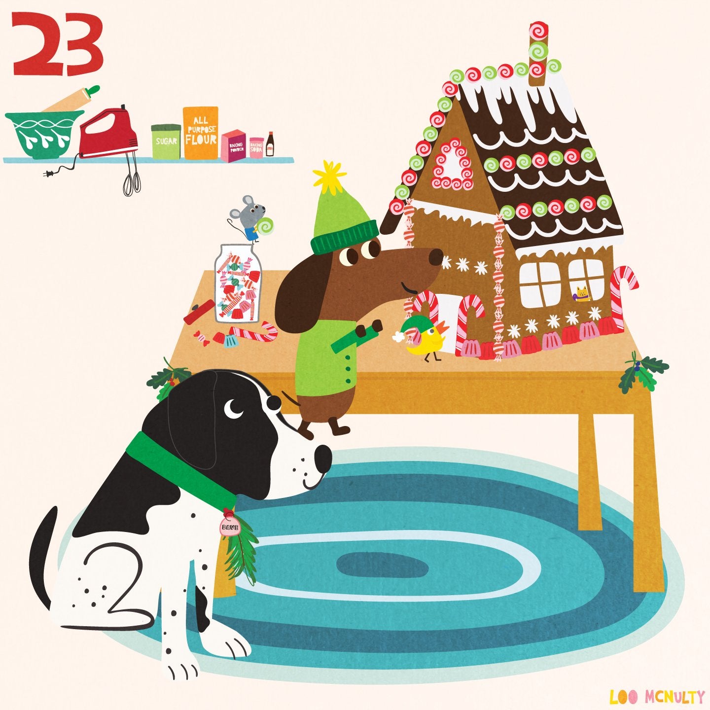 Illustration of a dog and a dachshund near a gingerbread house with a pool.