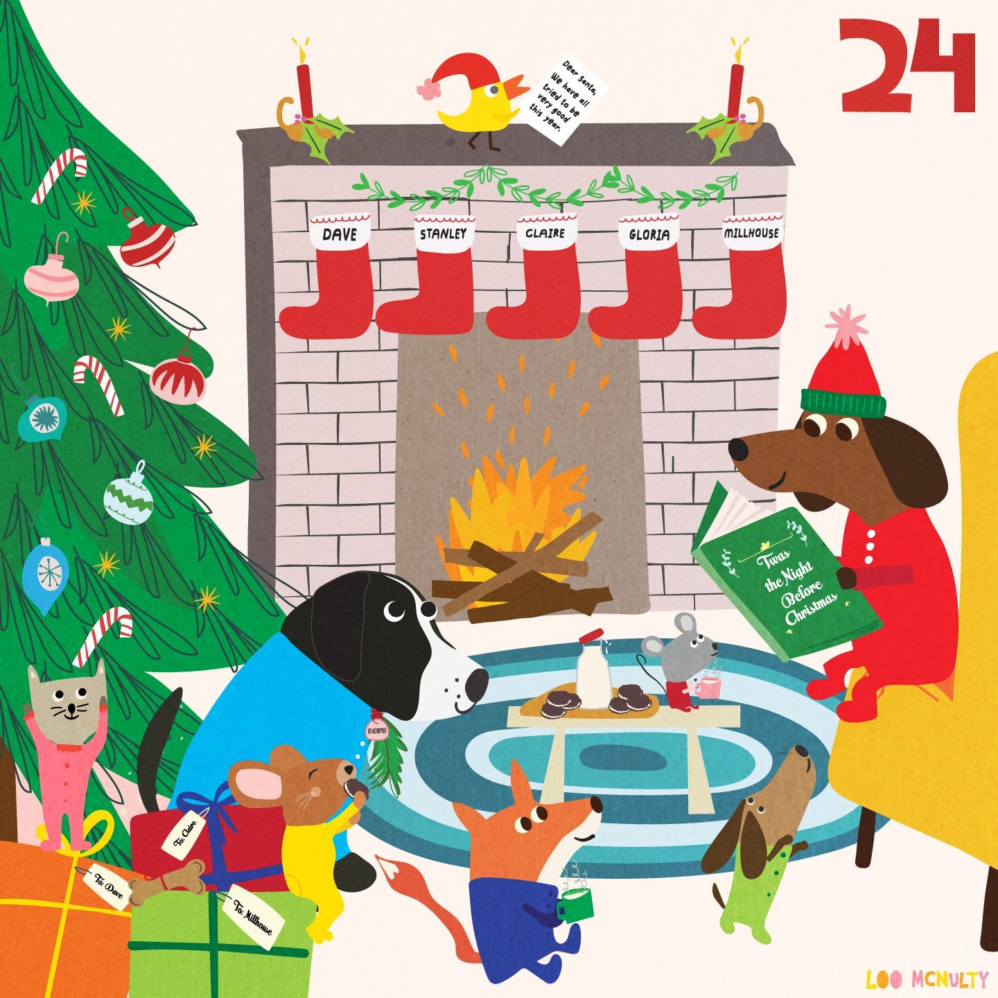 Illustration of a festive scene with animals around a fireplace and Christmas tree.
