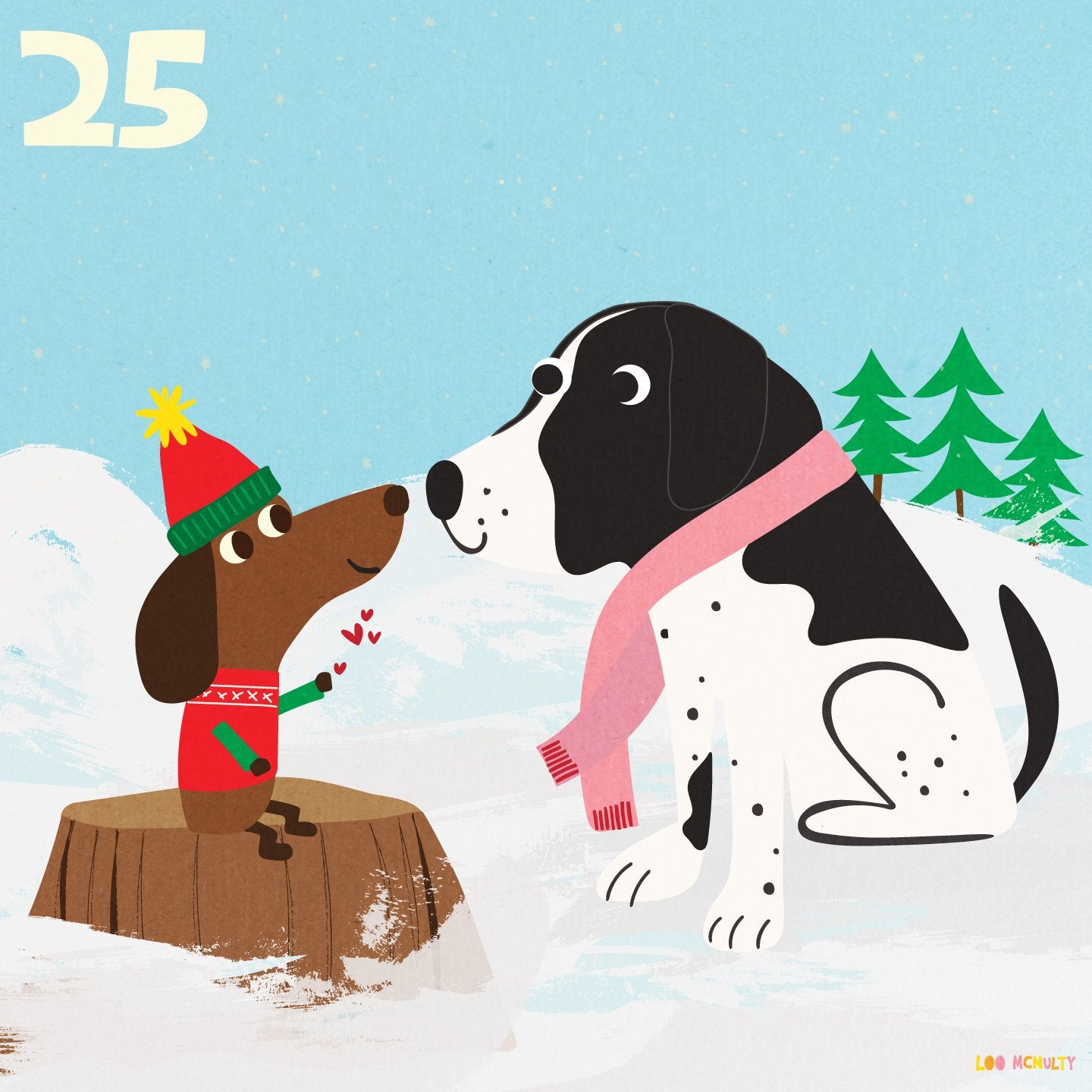 Two dogs in winter clothing with a snowy landscape and trees in the background.