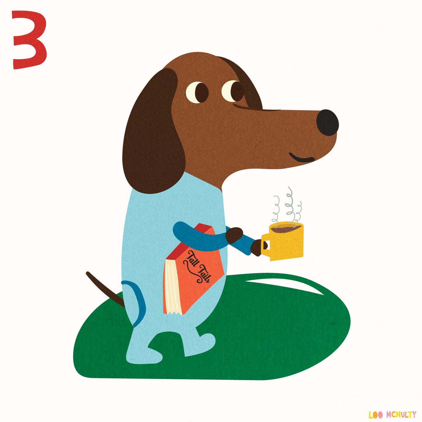 Illustration of a dog holding a book and a cup 