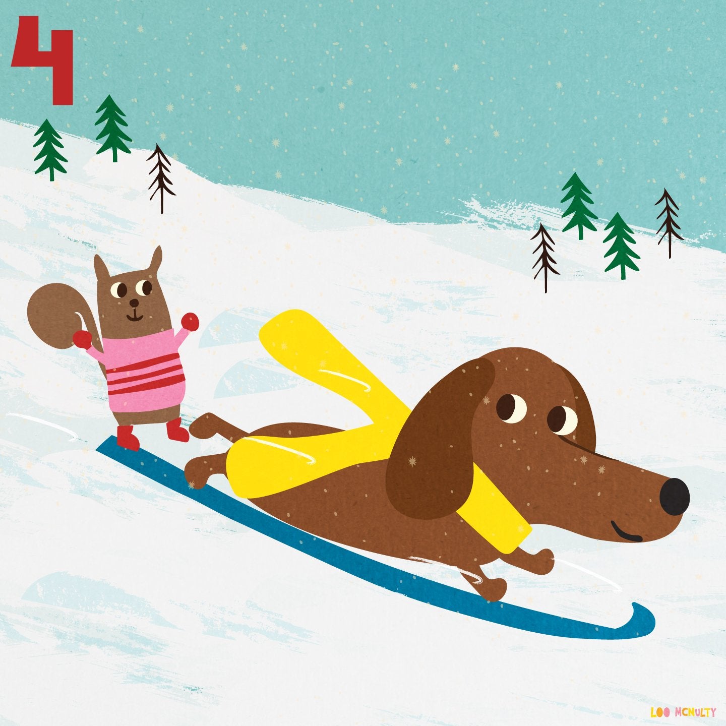 Illustration of a dog and a squirrel on a snowboard with a snowy background
