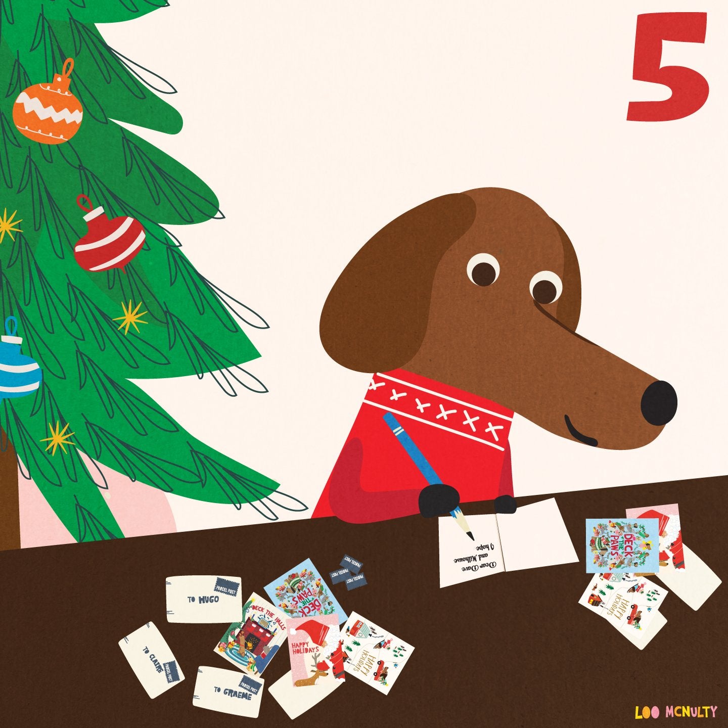Illustration of a dog in a red sweater with Christmas cards and a tree, on a white background.
