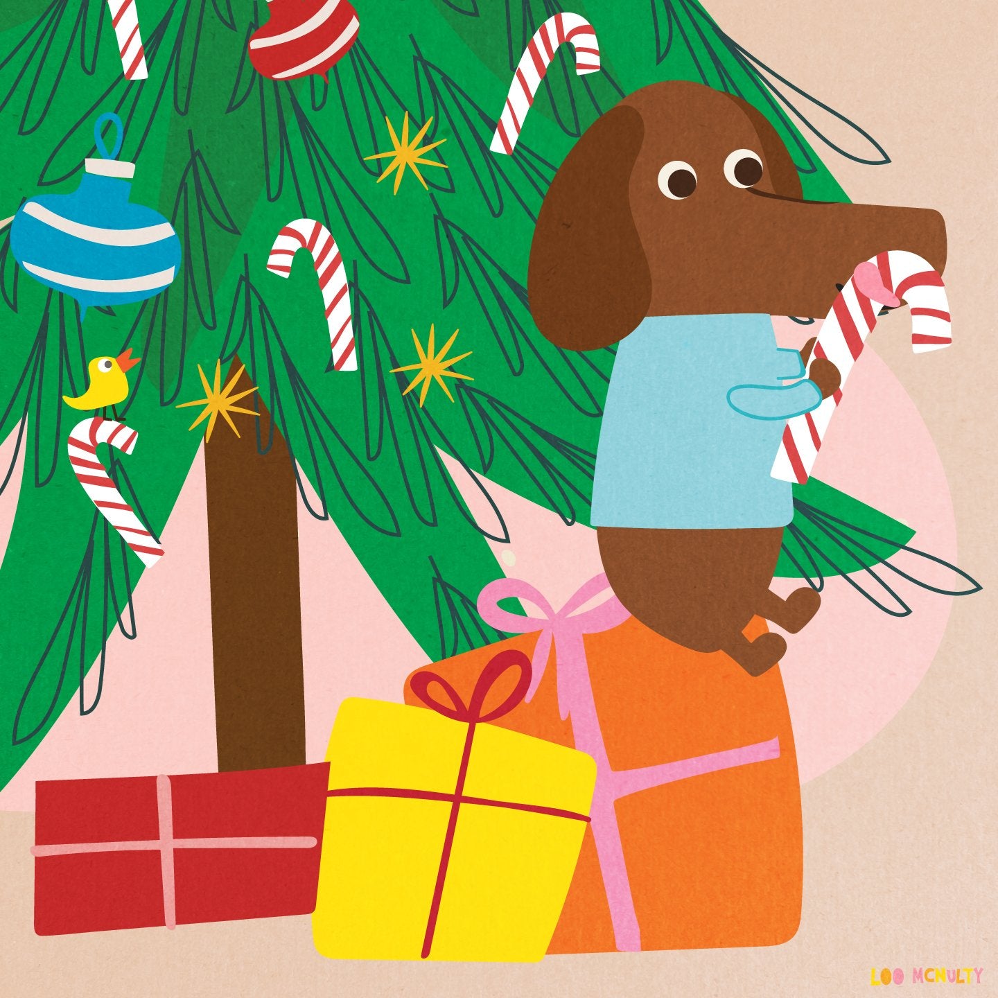 Illustration of a dog with a candy cane near a Christmas tree and presents