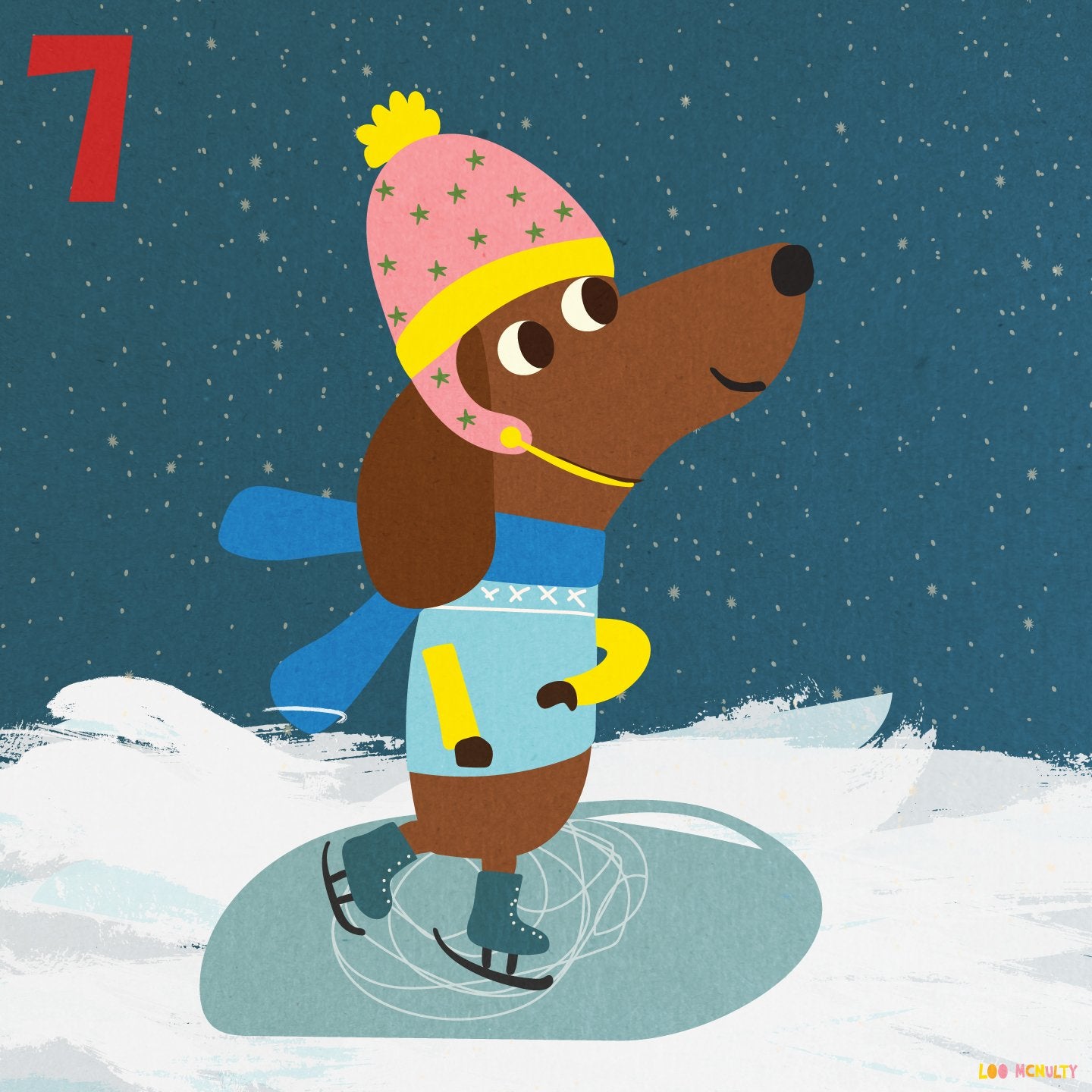 Illustration of a dog ice skating on a snowy background 
