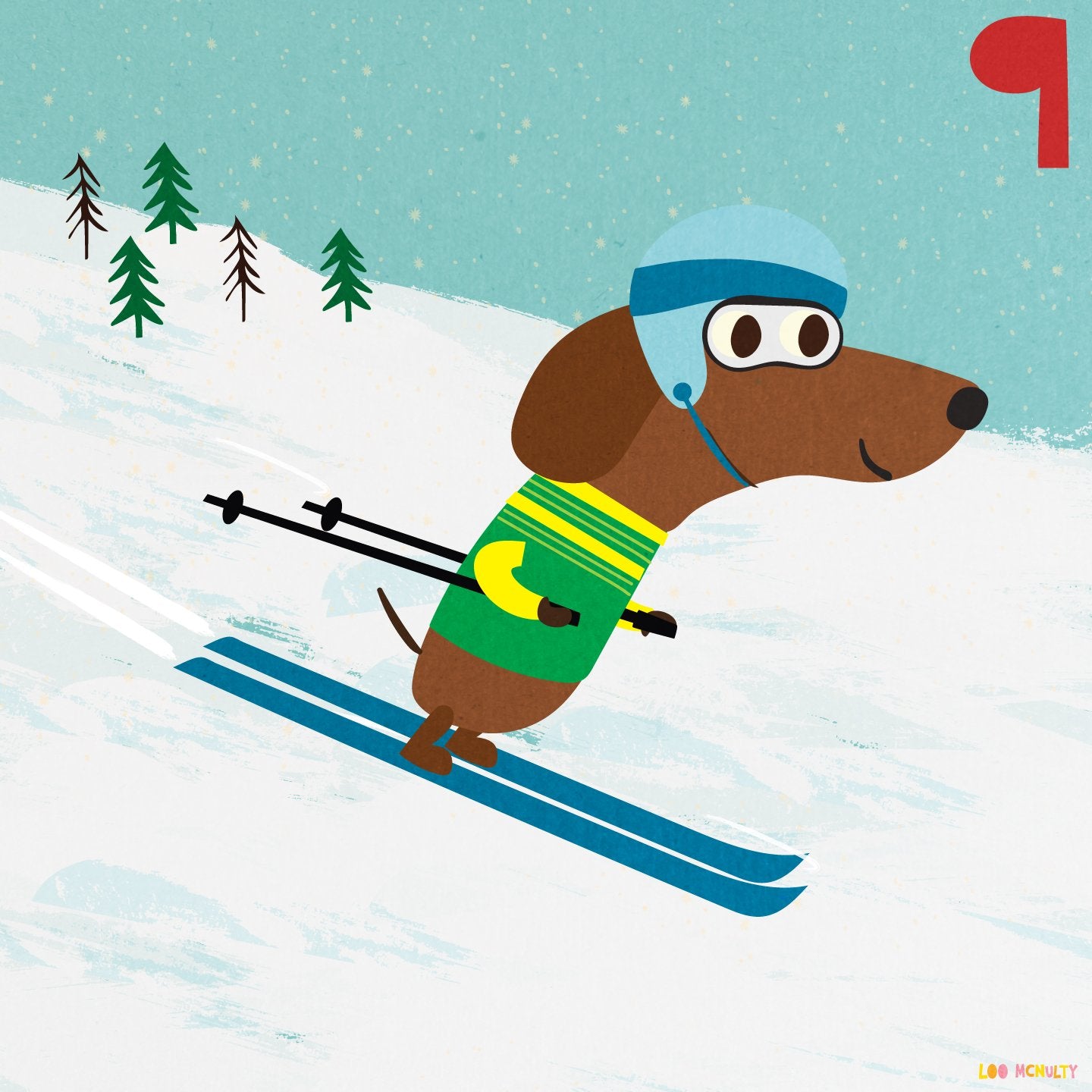 Illustration of a dachshund skiing with trees in the background