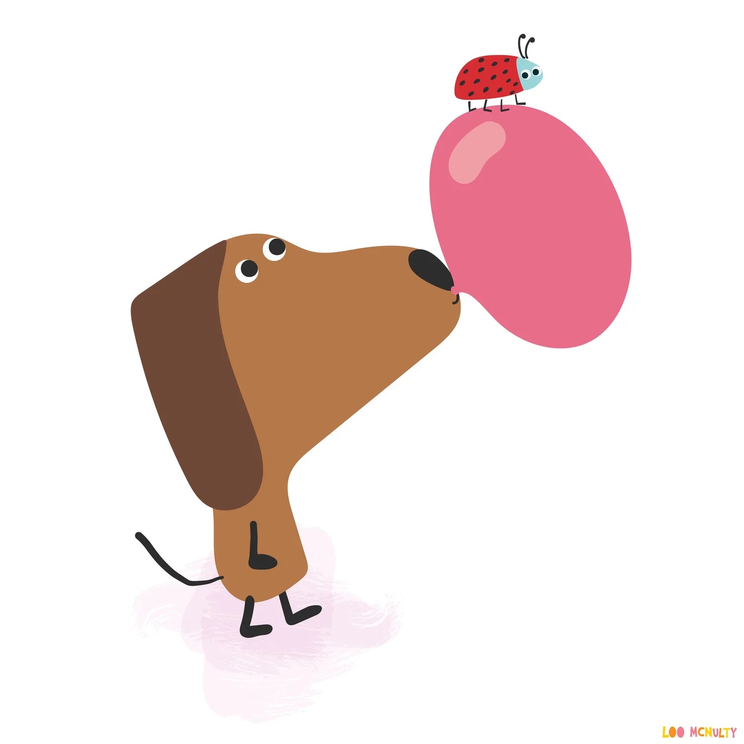 Illustration of a dog blowing a bubble with a ladybug on it against a white background