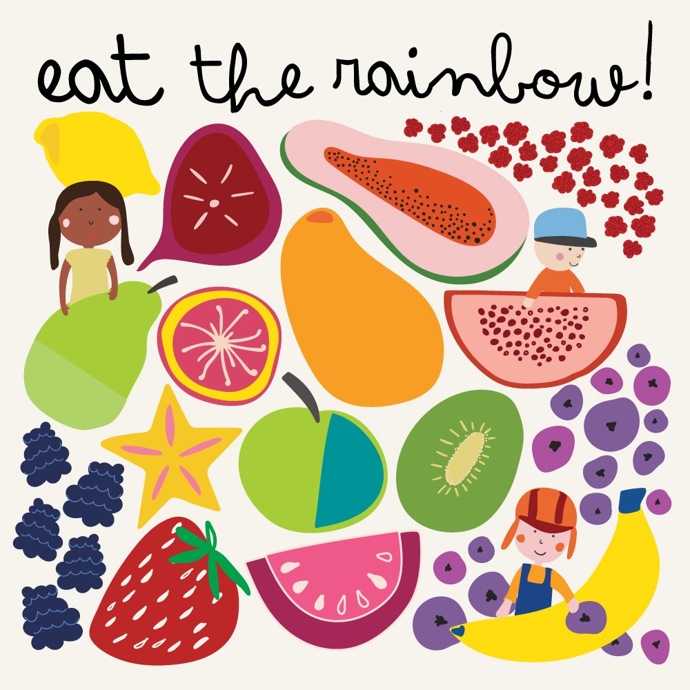 Illustration of various fruits and vegetables with text 'eat the rainbow!' on a white background.