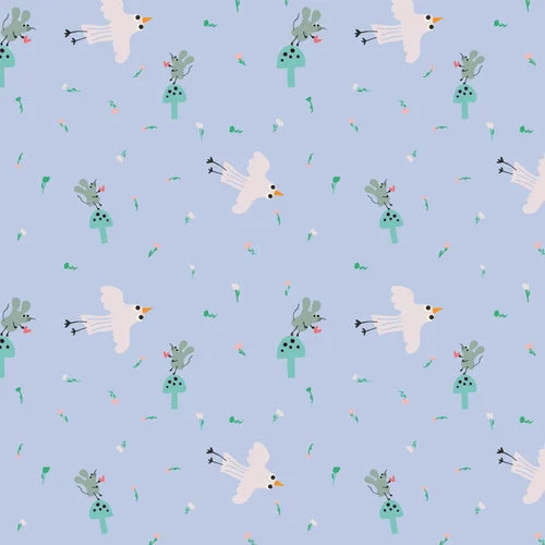 Pattern of cartoon-like birds and plants on a light blue background