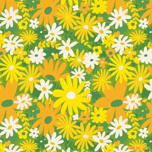 Colorful floral pattern with yellow, orange, and white flowers on a green background