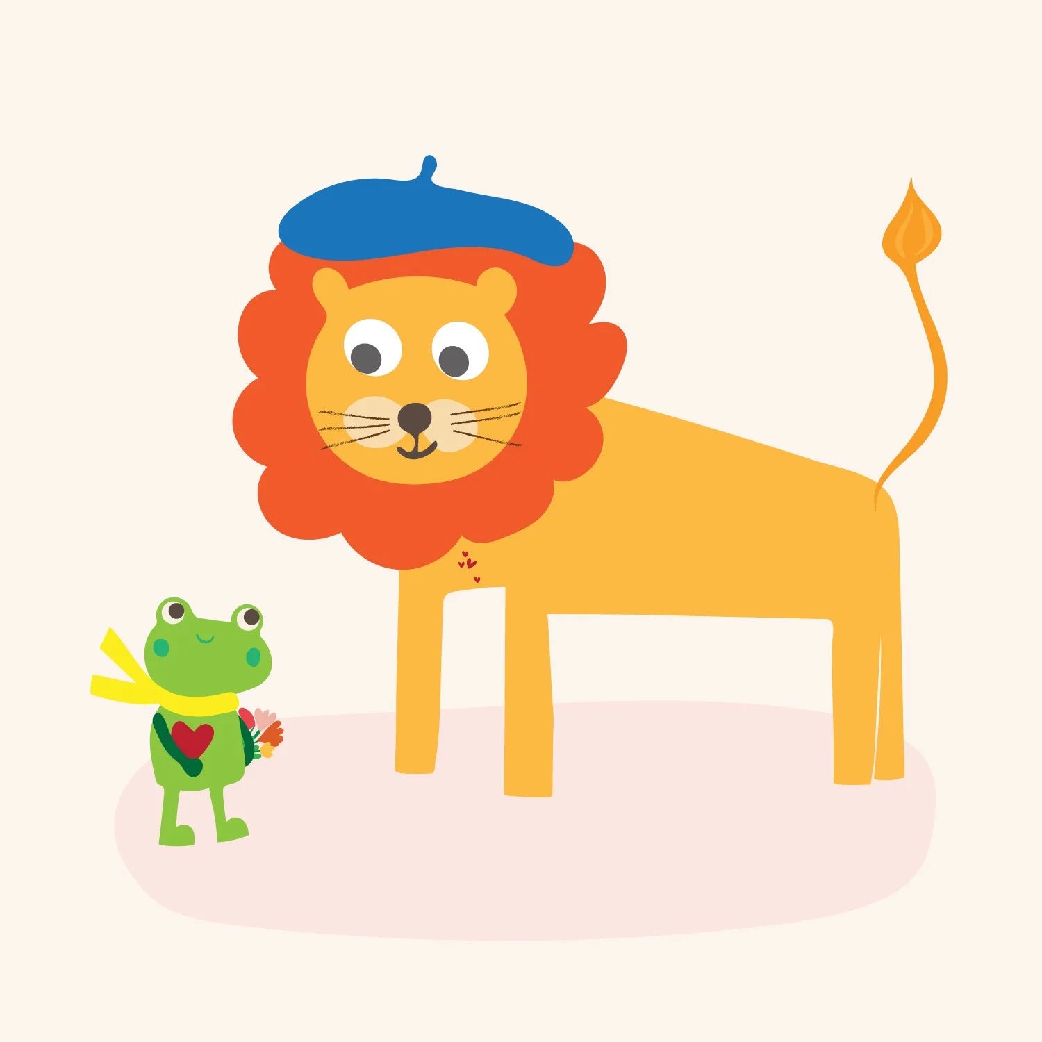 Illustration of a lion wearing a blue beret and a frog holding flowers on a white background