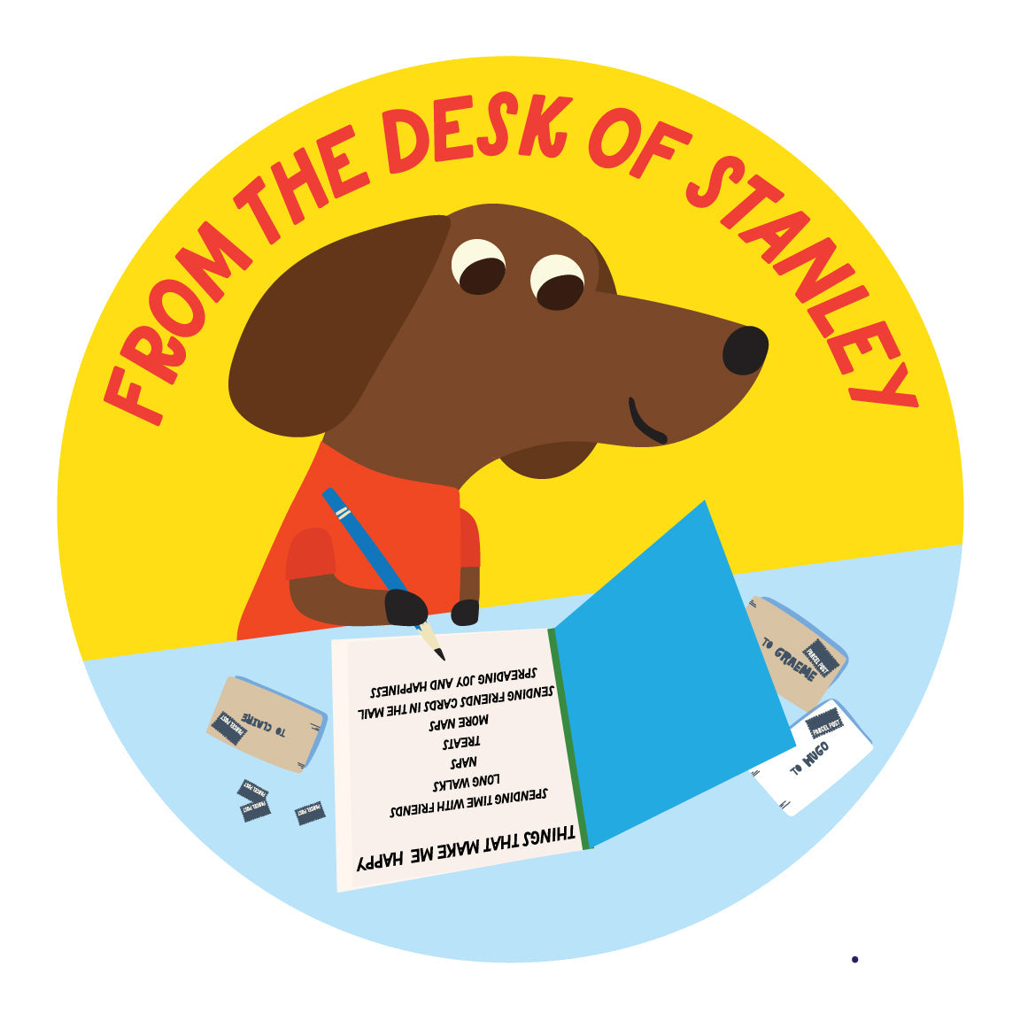 Circular logo with a cartoon dog writing at a desk, text 'From the Desk of Stanley', on a yellow and blue background.