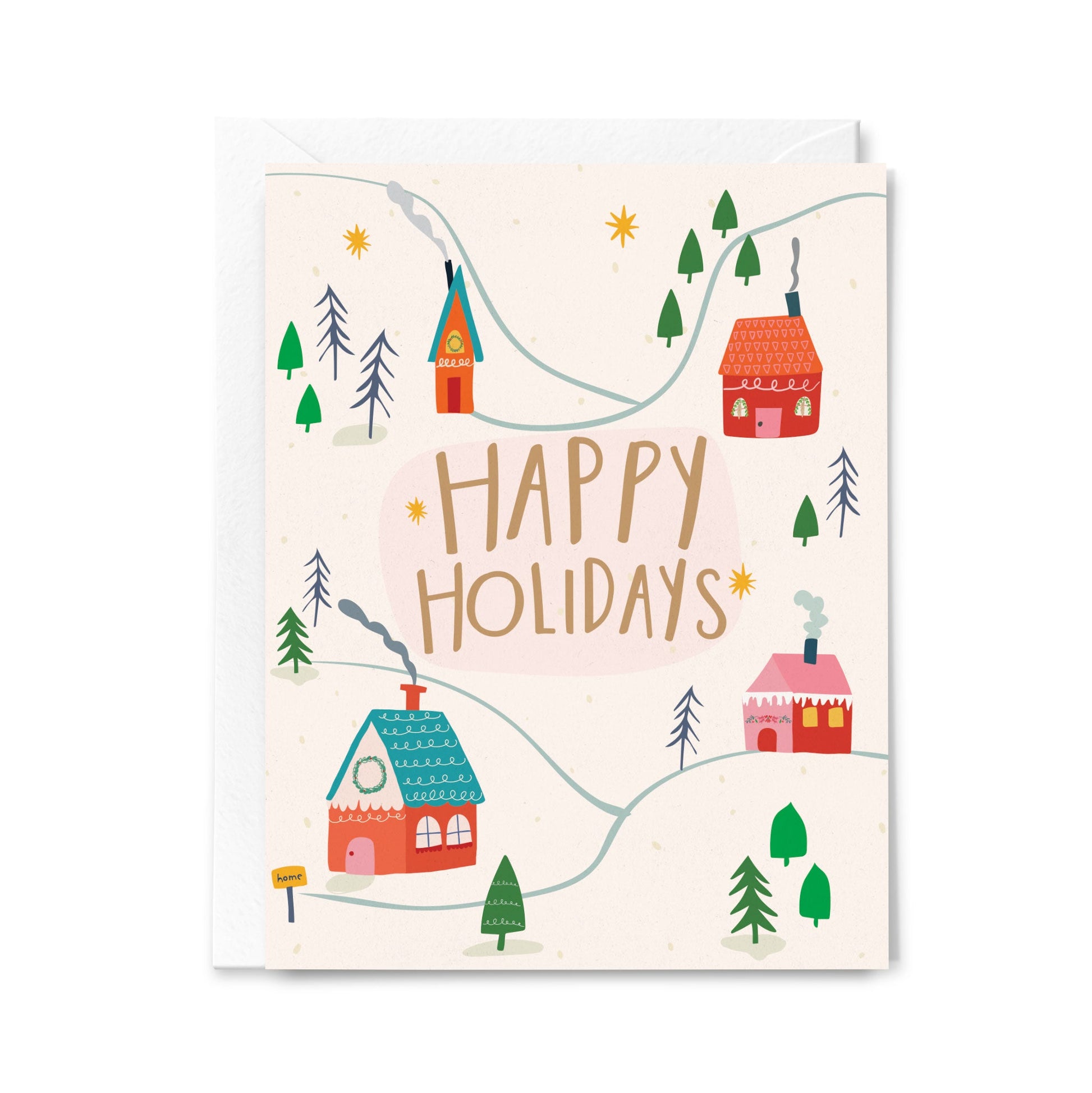 Greeting card with winter scene and 'Happy Holidays' text