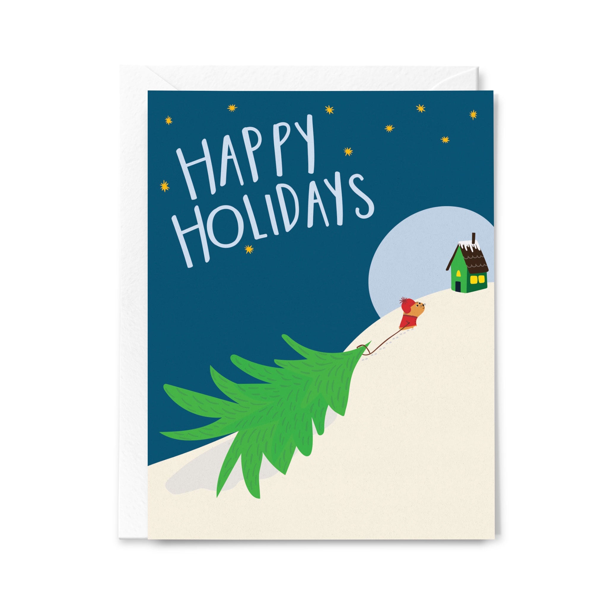 Holiday card with a person carrying a Christmas tree towards a house on a snowy landscape.