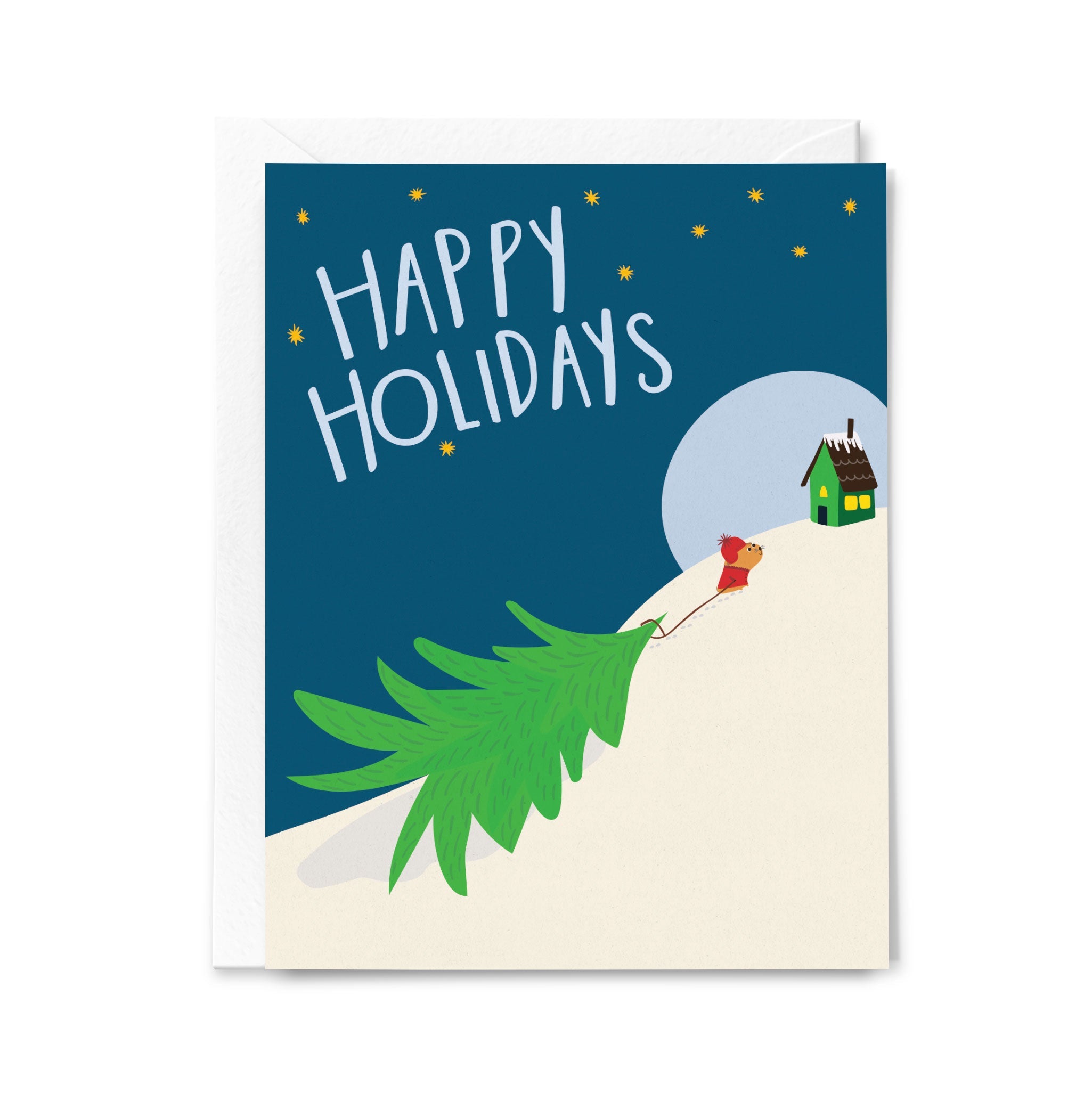 Holiday card with a person carrying a Christmas tree towards a house on a snowy landscape.