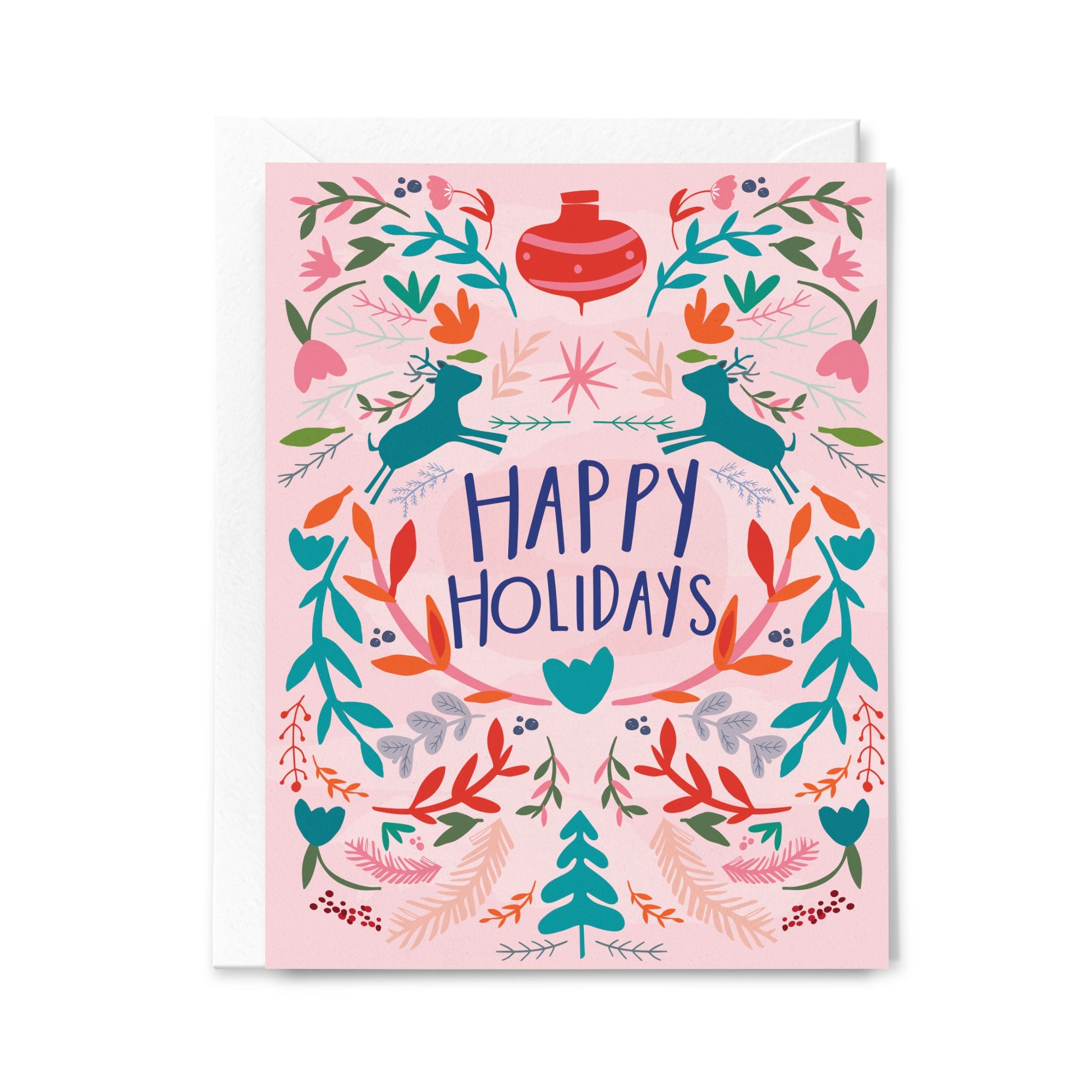 Greeting card with 'Happy Holidays' text and festive illustrations on a pink background