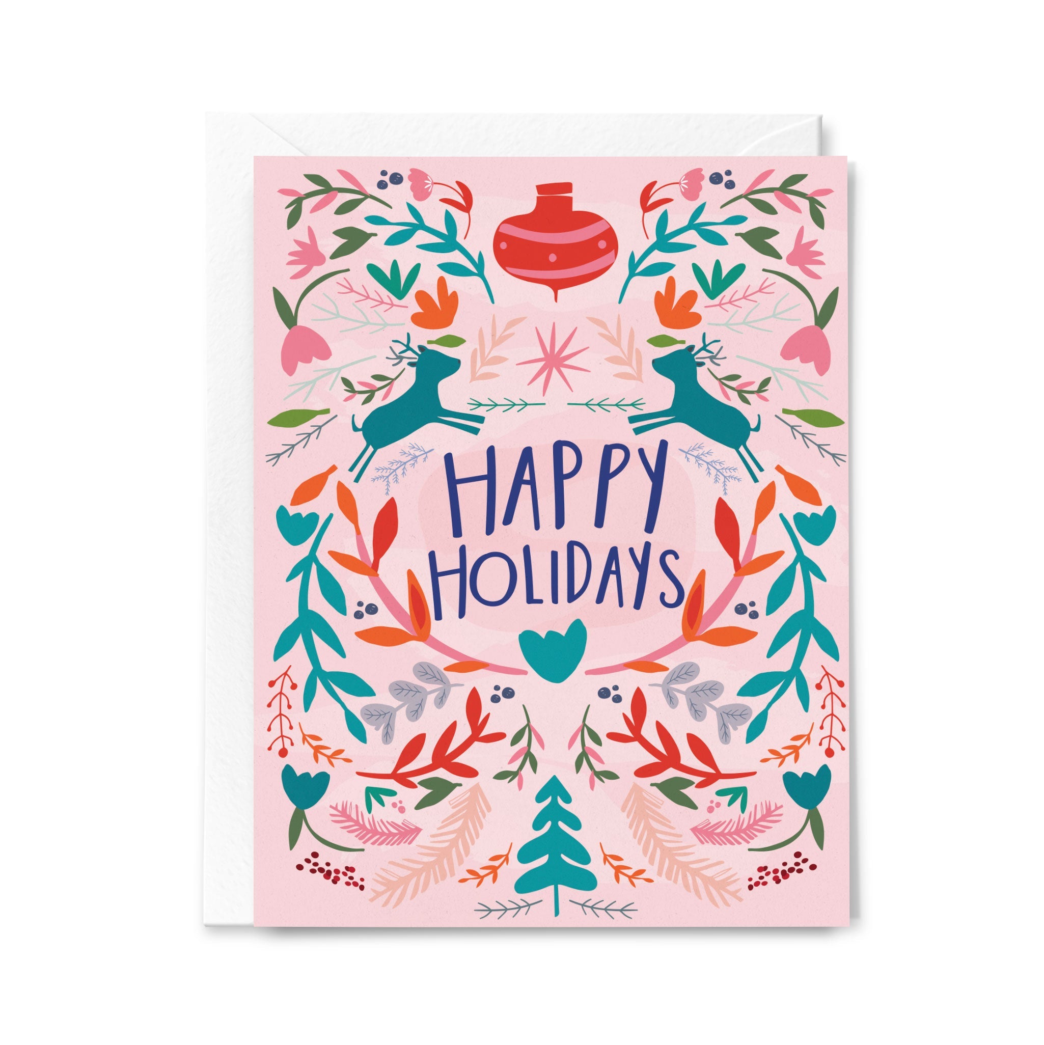 Greeting card with 'Happy Holidays' text and festive illustrations on a pink background