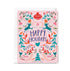 Greeting card with 'Happy Holidays' text and festive illustrations on a pink background