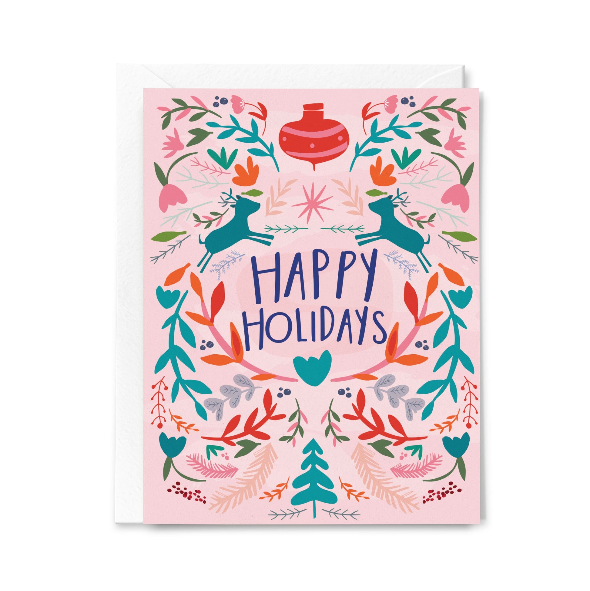 Greeting card with 'Happy Holidays' text and festive illustrations on a pink background