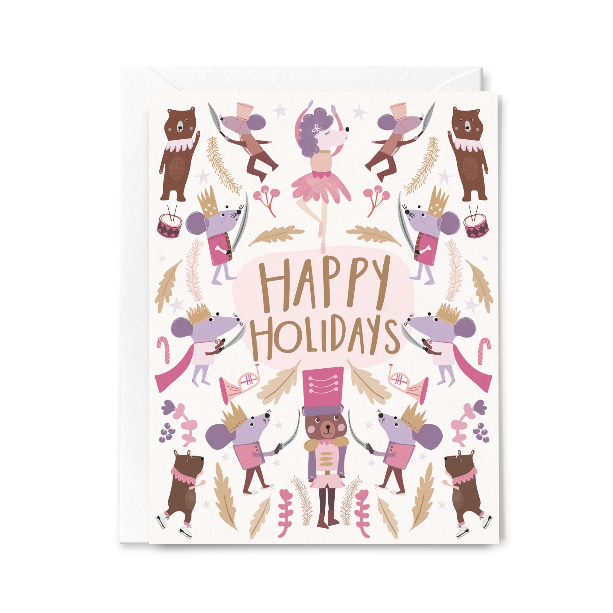 Nutcracker themed greeting card with illustrated animals and 'Happy Holidays' text on a white background