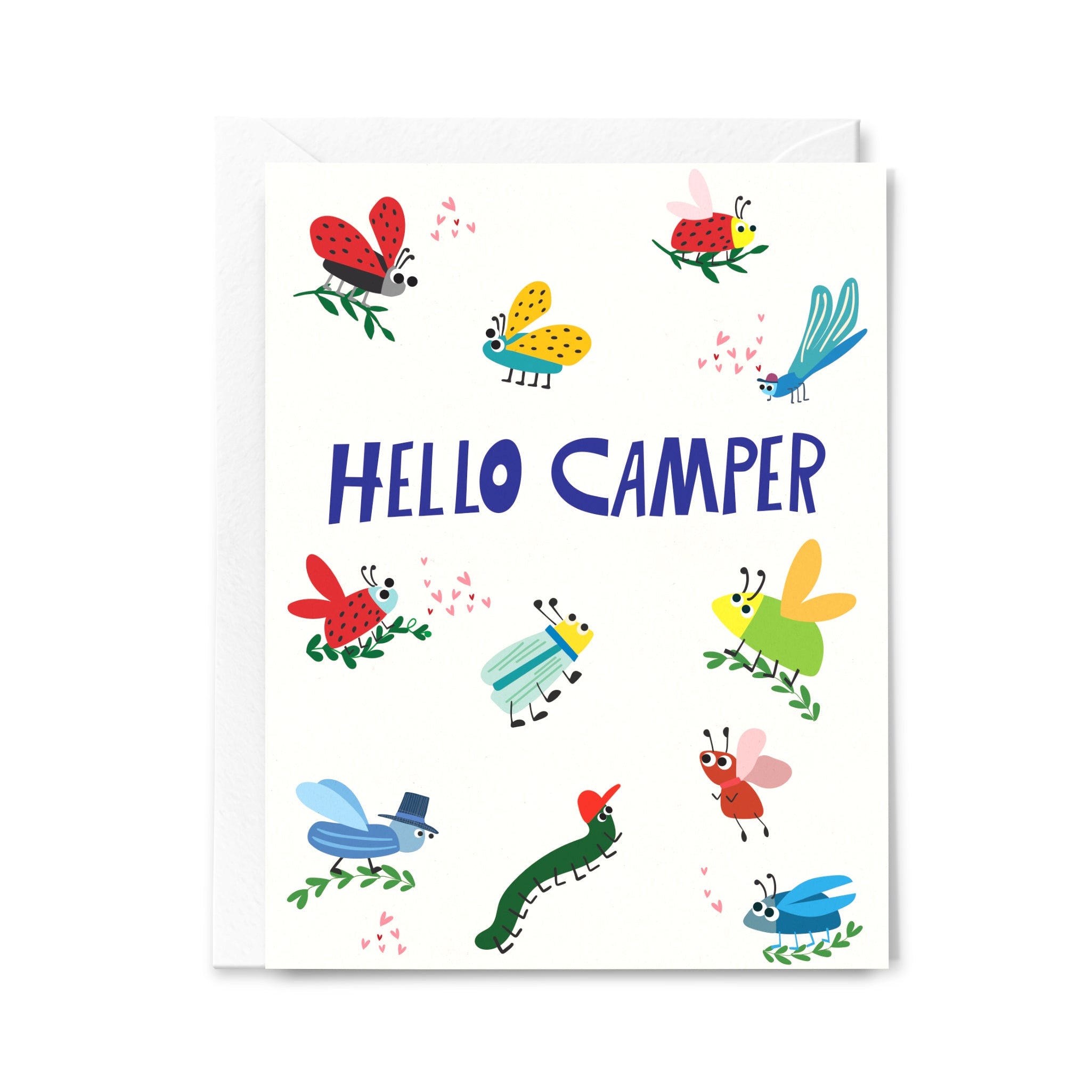 Greeting card with colorful illustrations of insects and 'Hello Camper' text on a white background