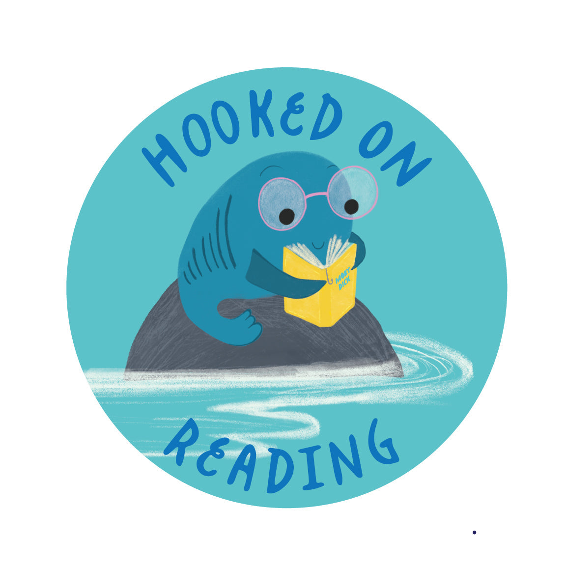Illustration of a blue whale reading a book with 'Hooked on Reading' text.