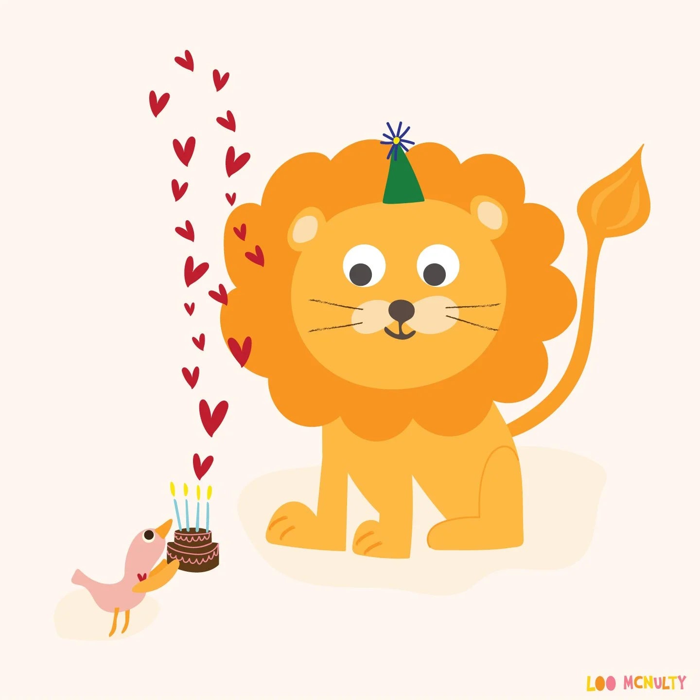 Illustration of a lion with a birthday hat and a bird with a cake