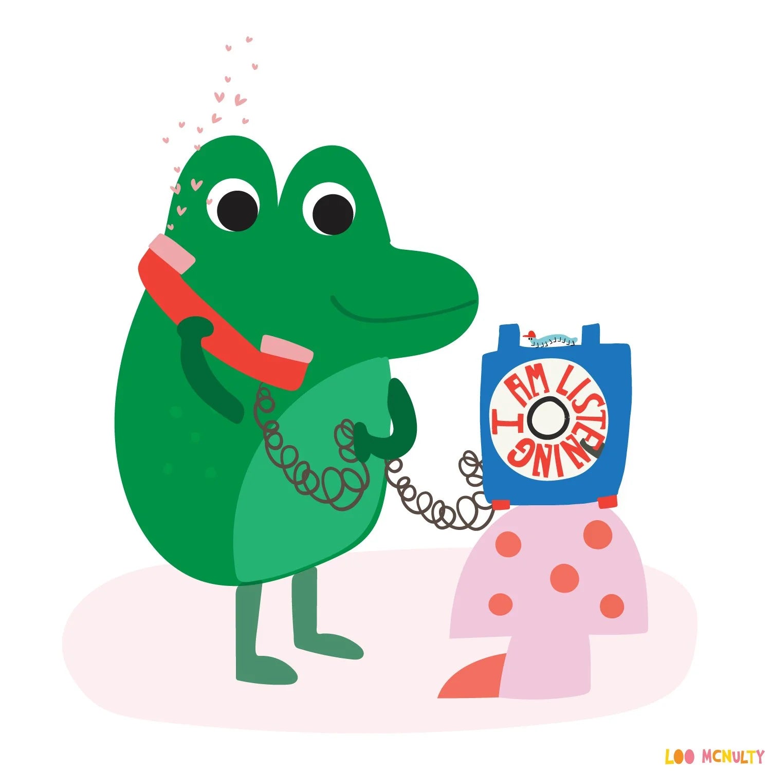 Illustration of a green frog character talking on a red phone next to a blue telephone with 'I Am Listening' on it.