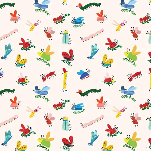 Pattern of colorful cartoon insects on a white background