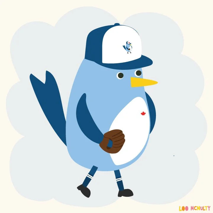 Cartoon blue bird character wearing a baseball cap and glove on a light blue background