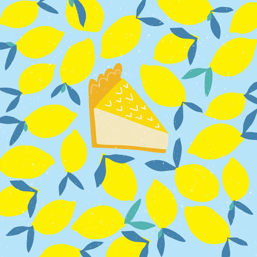 Pie slice surrounded by lemons on a blue background