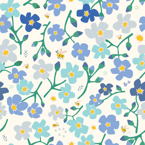 Pattern of blue and white flowers with green stems on a white background