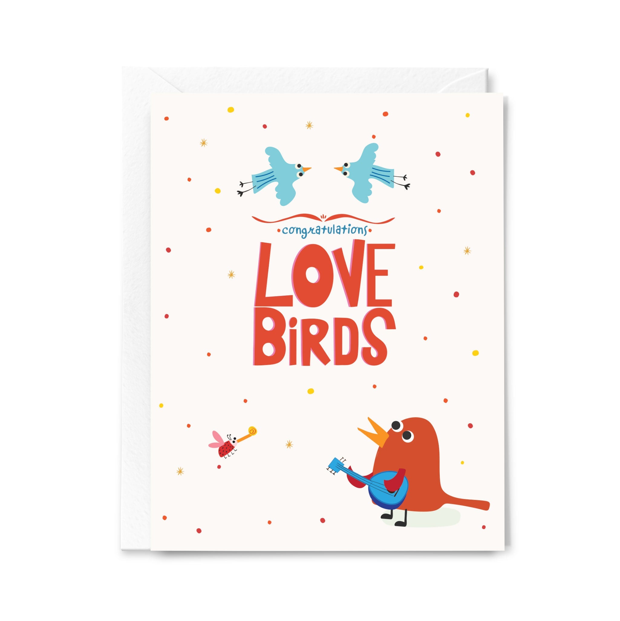 Greeting card with cartoon birds and 'Congratulations Love Birds' text on a white background