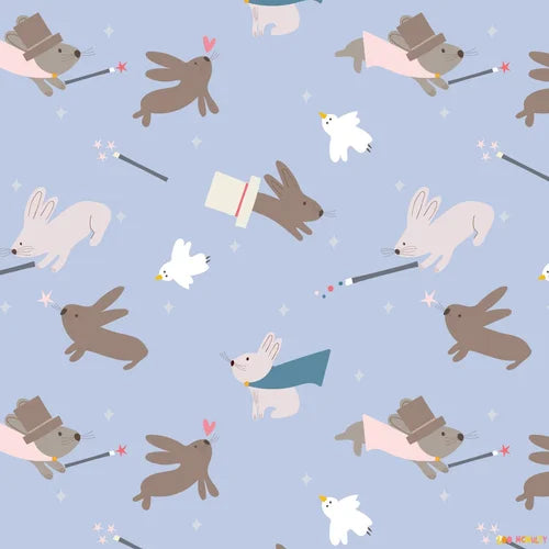 Illustrated pattern of magic rabbits and a duck on a light blue background