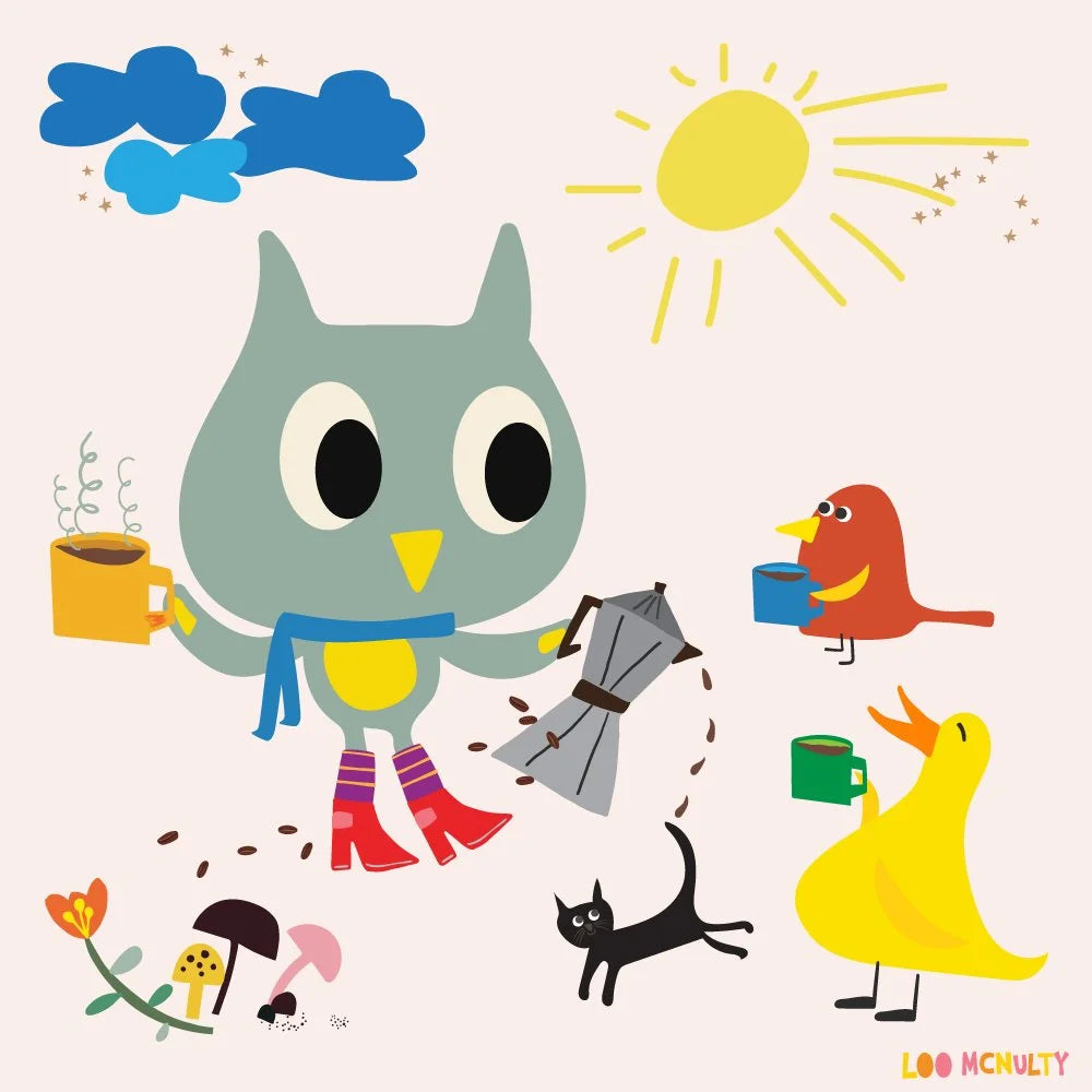 Cartoon owl with friends under a sun and clouds