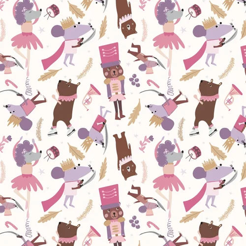 Pattern of cartoon animals in costumes on a white background