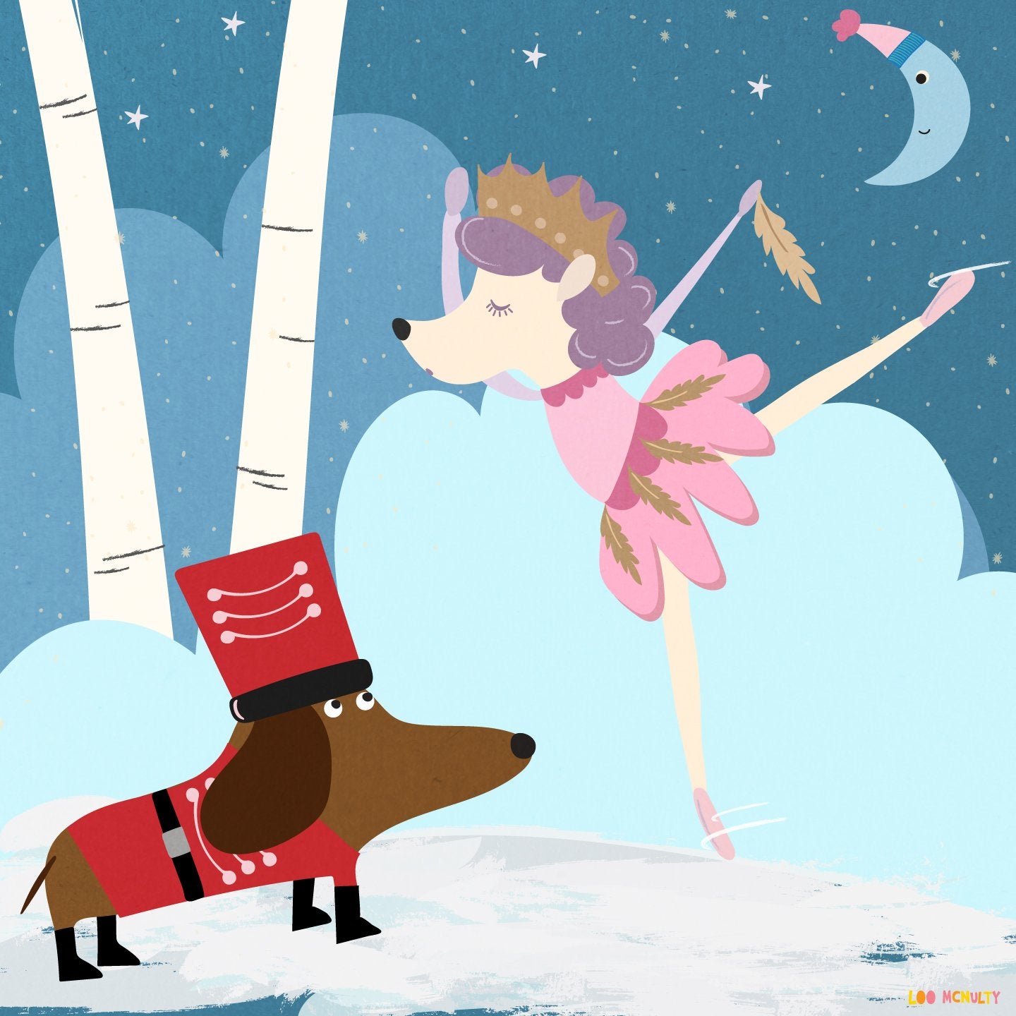 Illustration of a ballerina with a dog in a snowy landscape