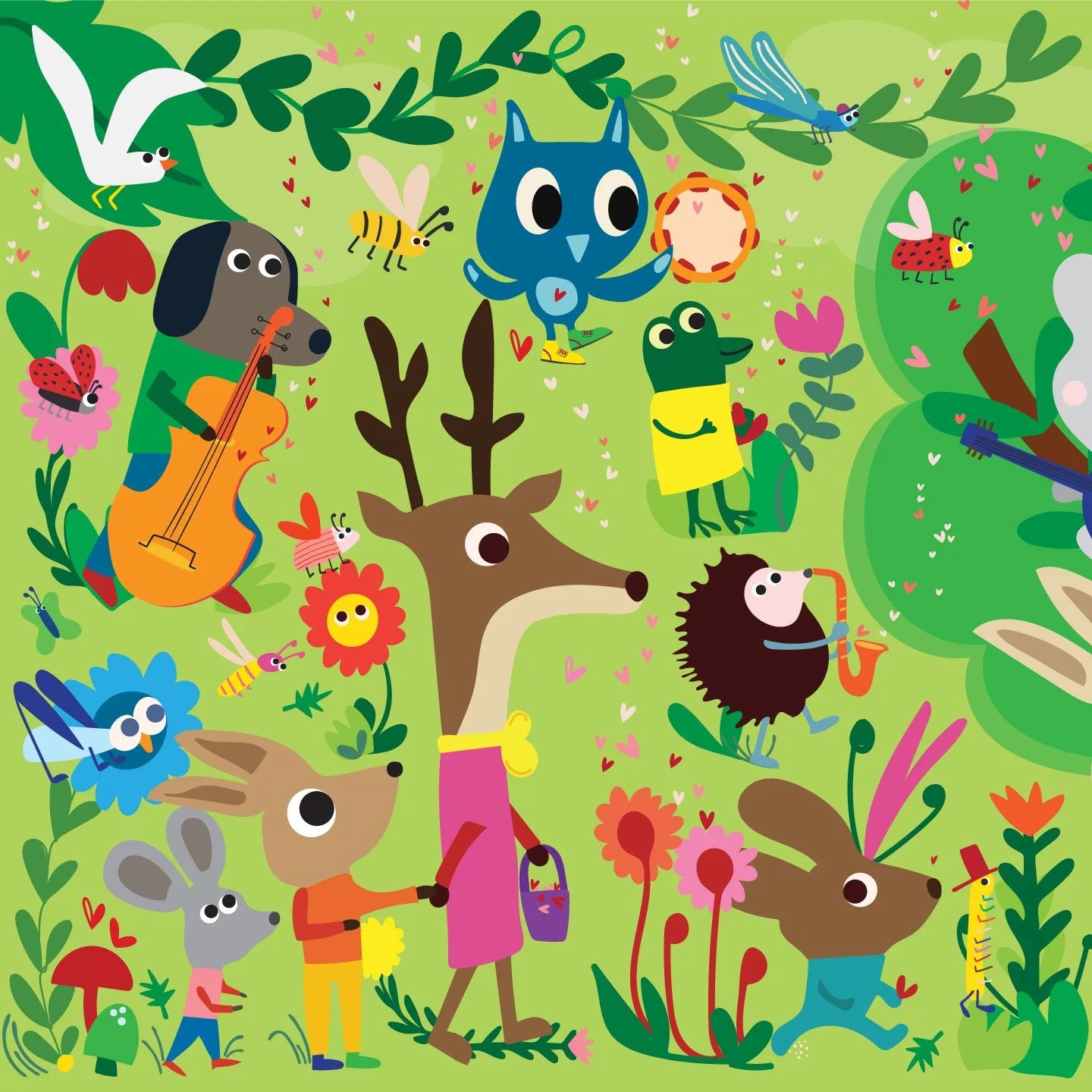 Illustrated animals and plants on a green background