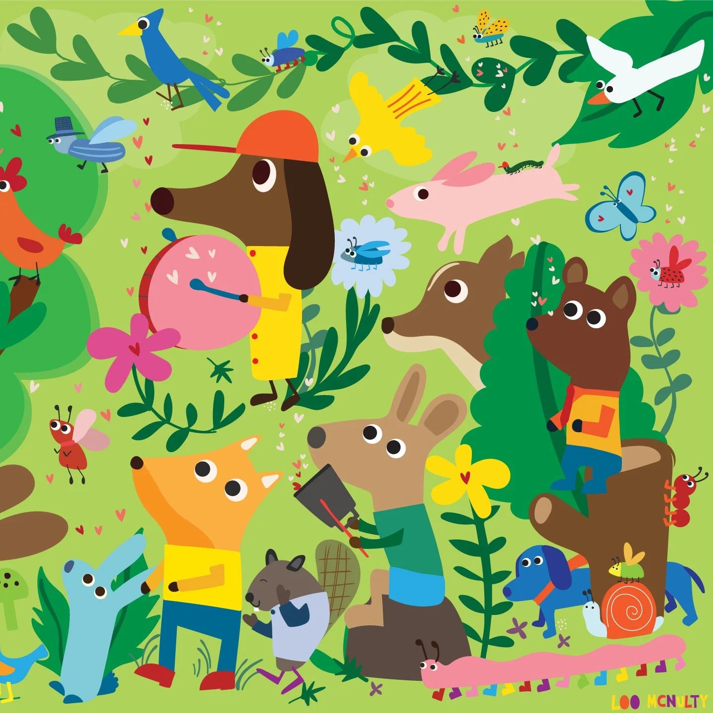 Illustration of various animals in a forest setting with green background