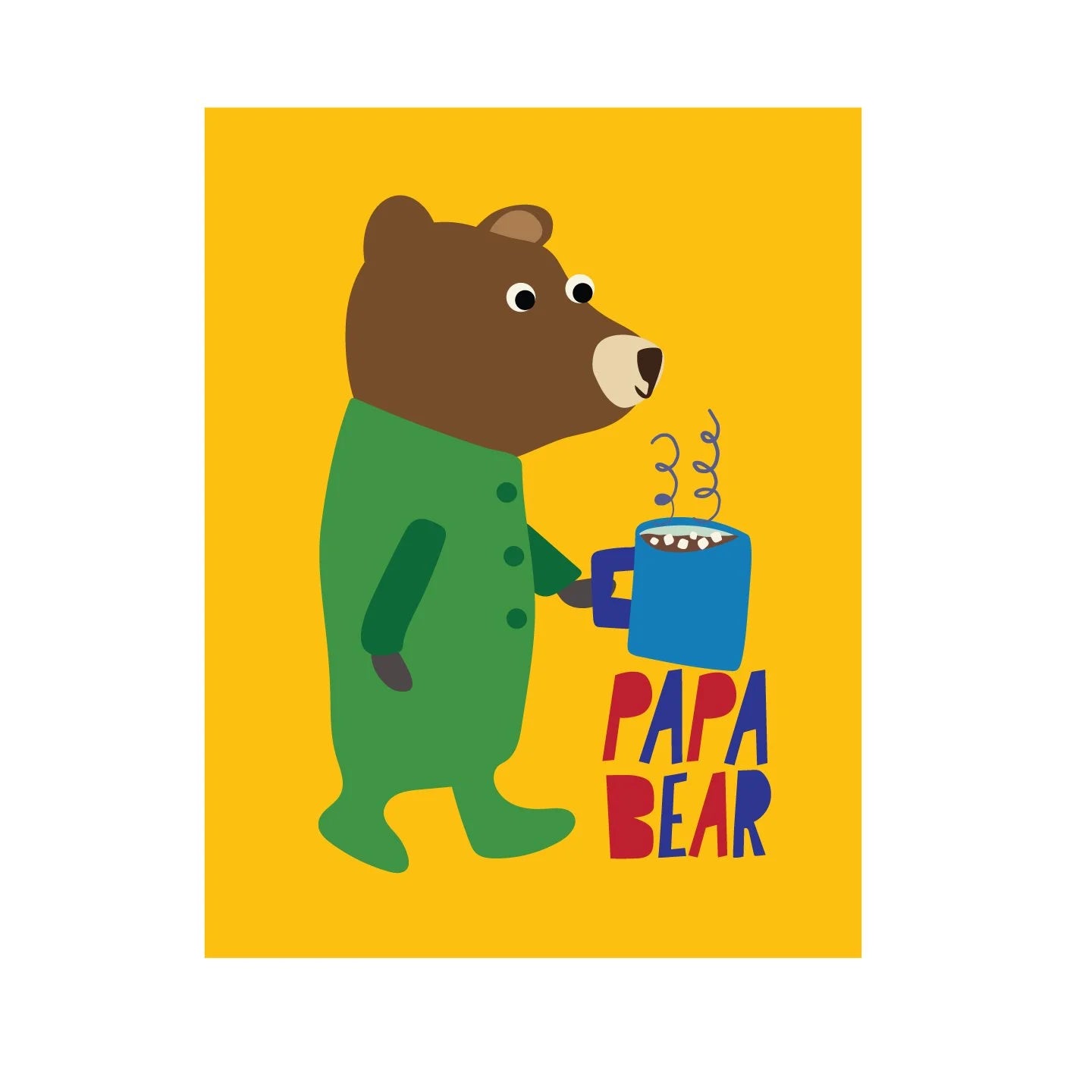 Greeting Card featuring a cartoon bear in green pajamas holding a blue mug with 'Papa Bear' text on a yellow background