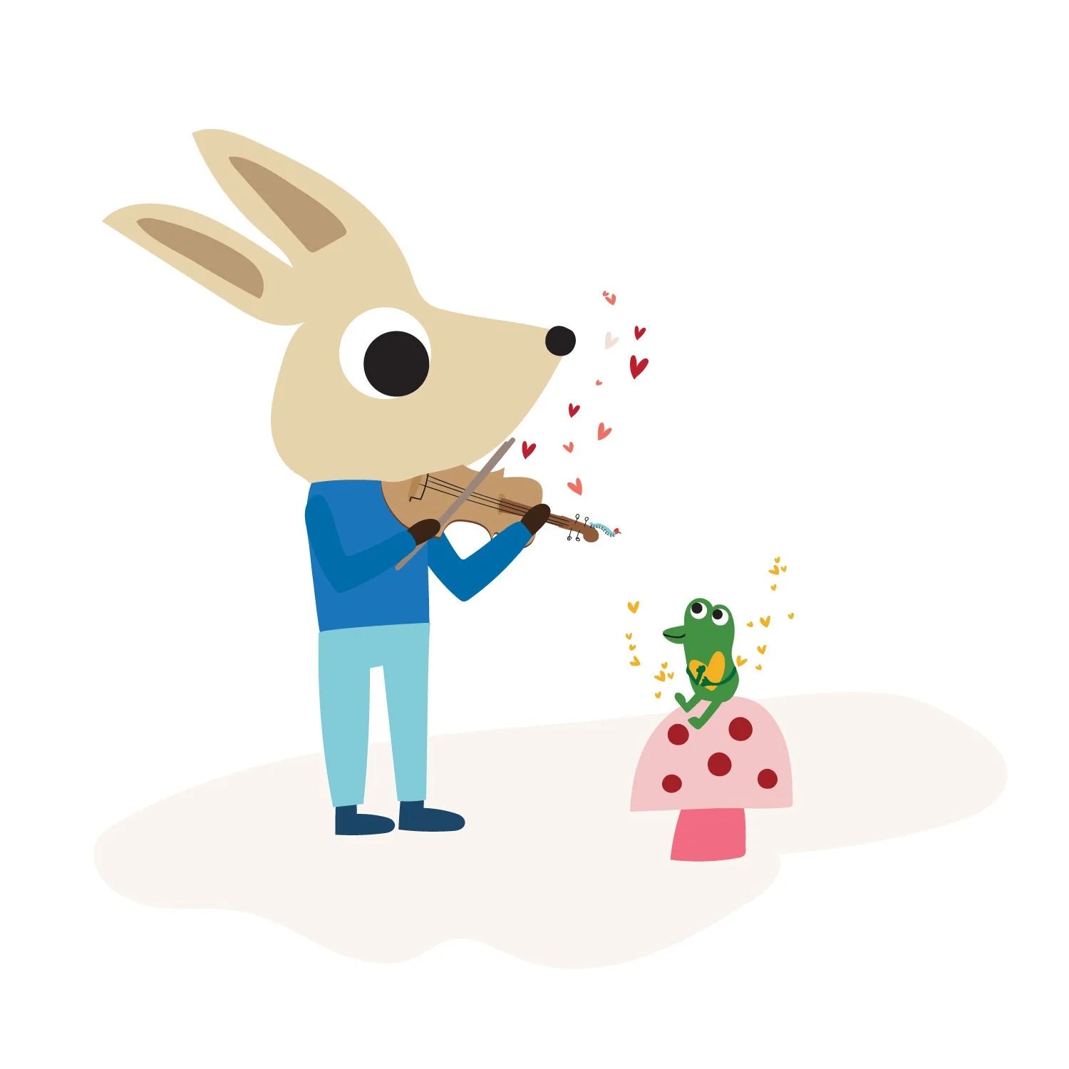 Illustration of a rabbit playing a violin for a frog on a mushroom