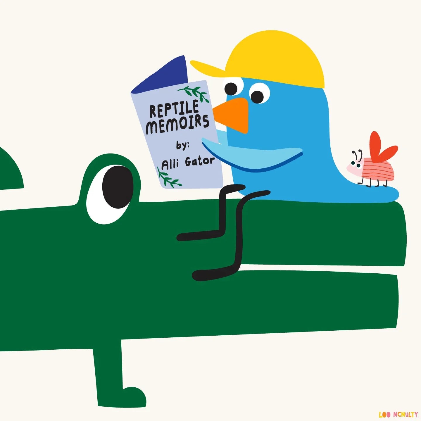 Cartoon character reading a book titled 'Reptile Memoirs' by Alligator on a white background.