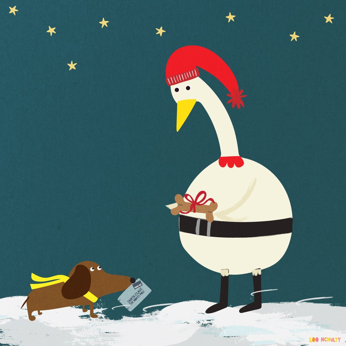 Illustration of a goose and a dog on a snowy night with stars in the sky.