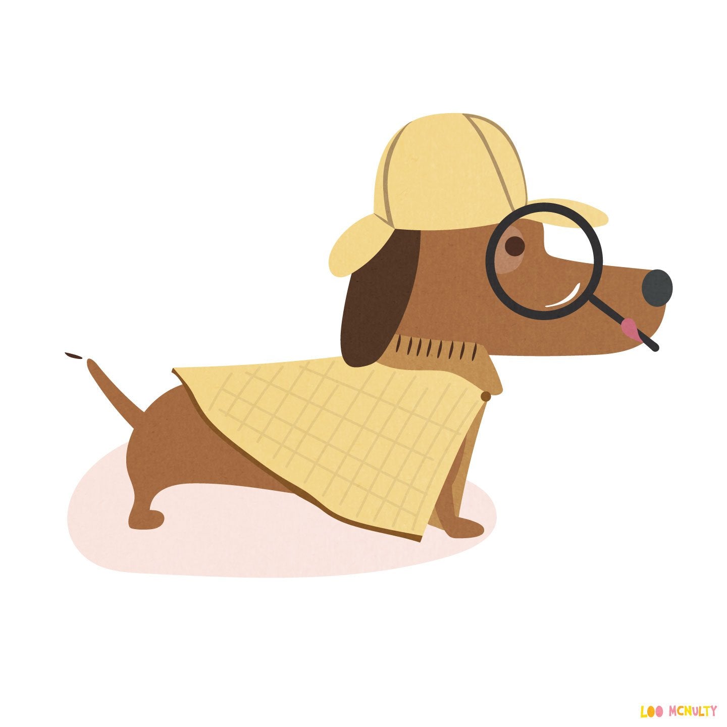 Illustration of a dog wearing a detective hat and holding a magnifying glass on a white background.