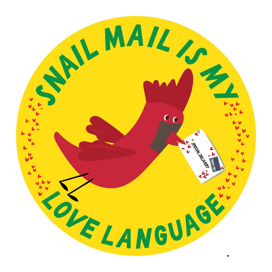 Circular sticker with a red bird holding a card and text 'Snail mail is my love language' on a yellow background.
