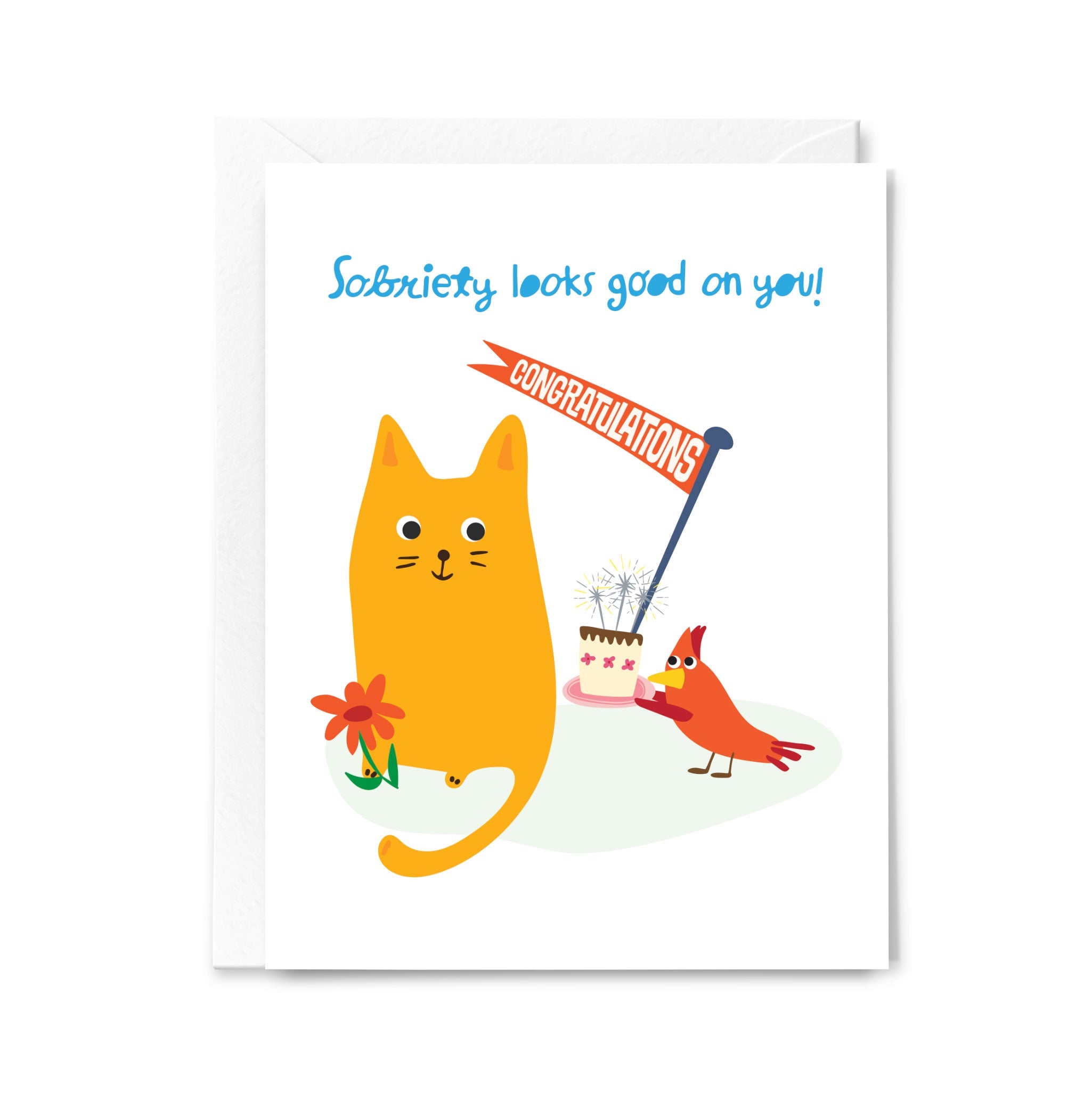 Sobriety greeting card with an orange cat and red bird holding a banner and cake, on a white background.