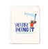 Greeting card with a cartoon squirrel holding aoba and text 'Congratulations, you're doing it. Sobriety looks good on you!' on a white background.