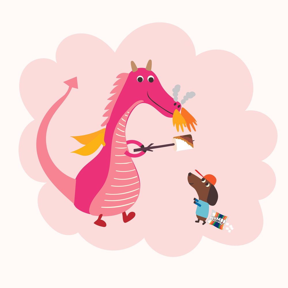 Illustration of a pink dragon and a dog roasting marshmallows on a pink cloud background
