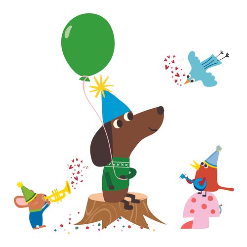 Illustration of a dog with a party hat and balloon, surrounded by small animals on a white background.