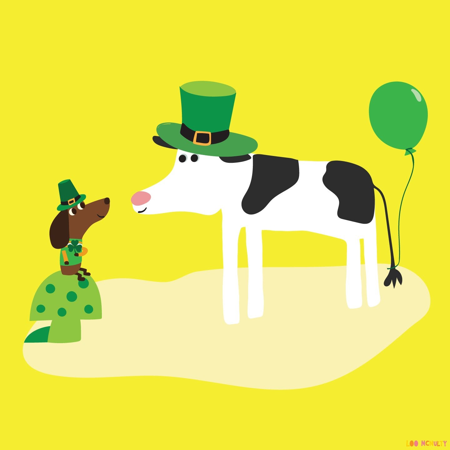 Illustration of a cow and a dog wearing green hats on a yellow background