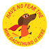 Circular sticker with a dachshund in a superhero costume and text 'Have no fear the mini dachshund is here' on a yellow background.